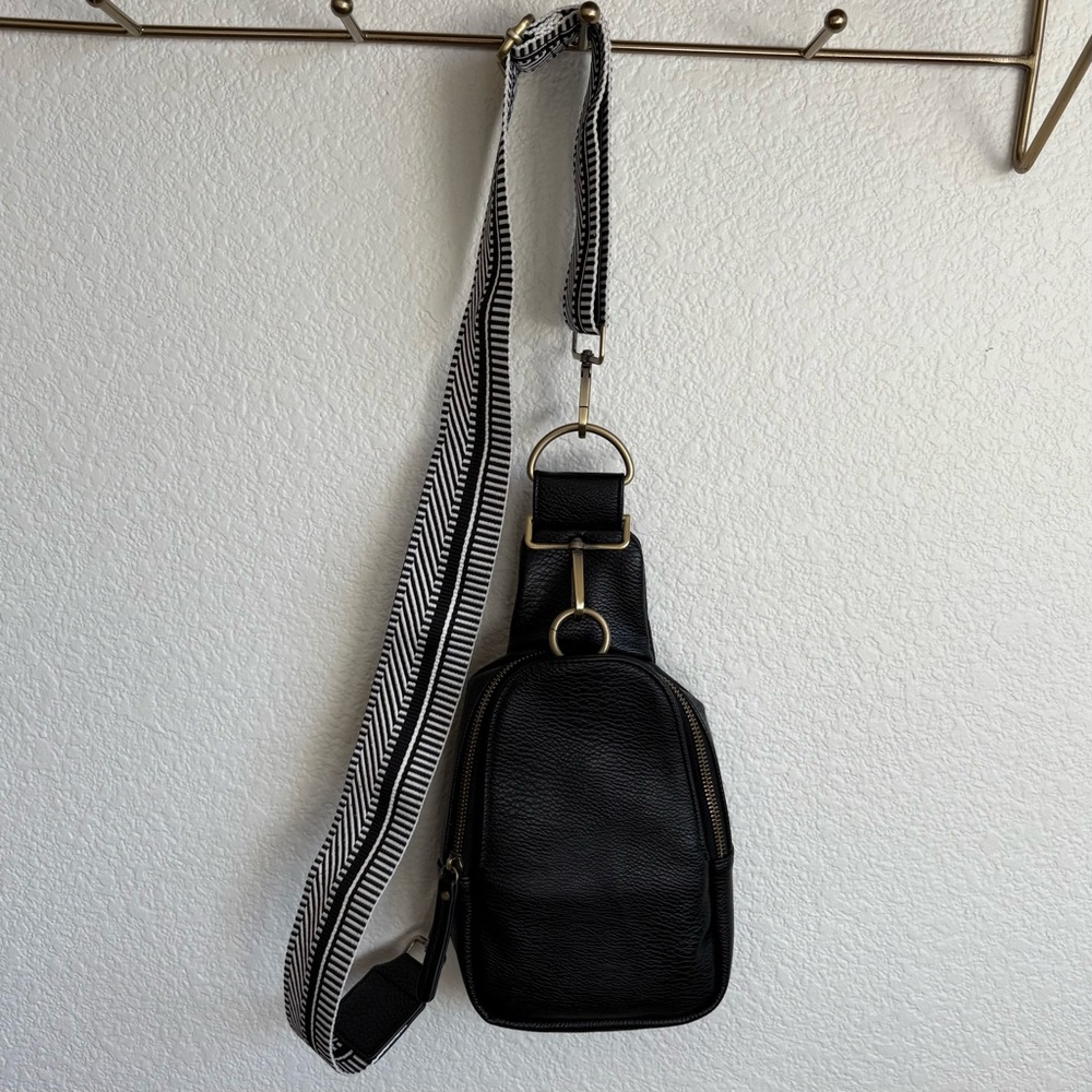 Anthropologie Black Leather Bag with Striped Strap
